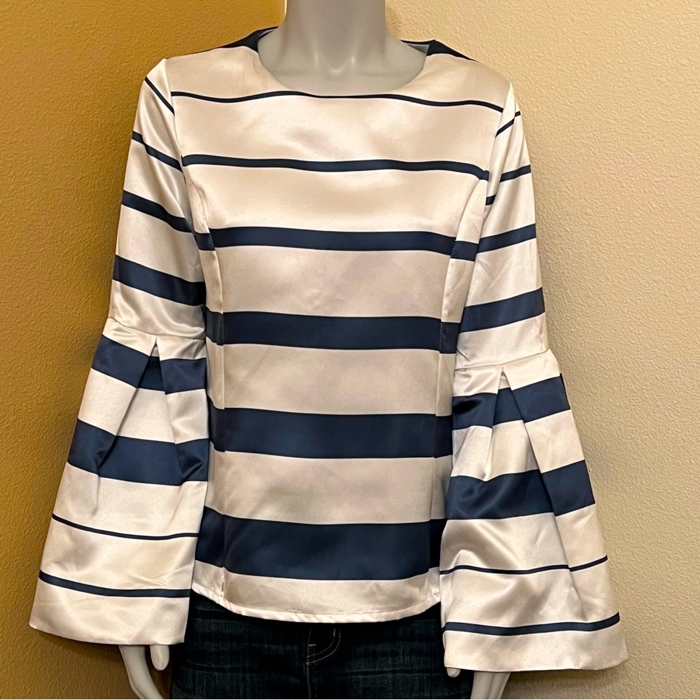 Misslook Blue & Cream Shimmery Horizontal Stripe Bell Sleeve Zipper Back Top